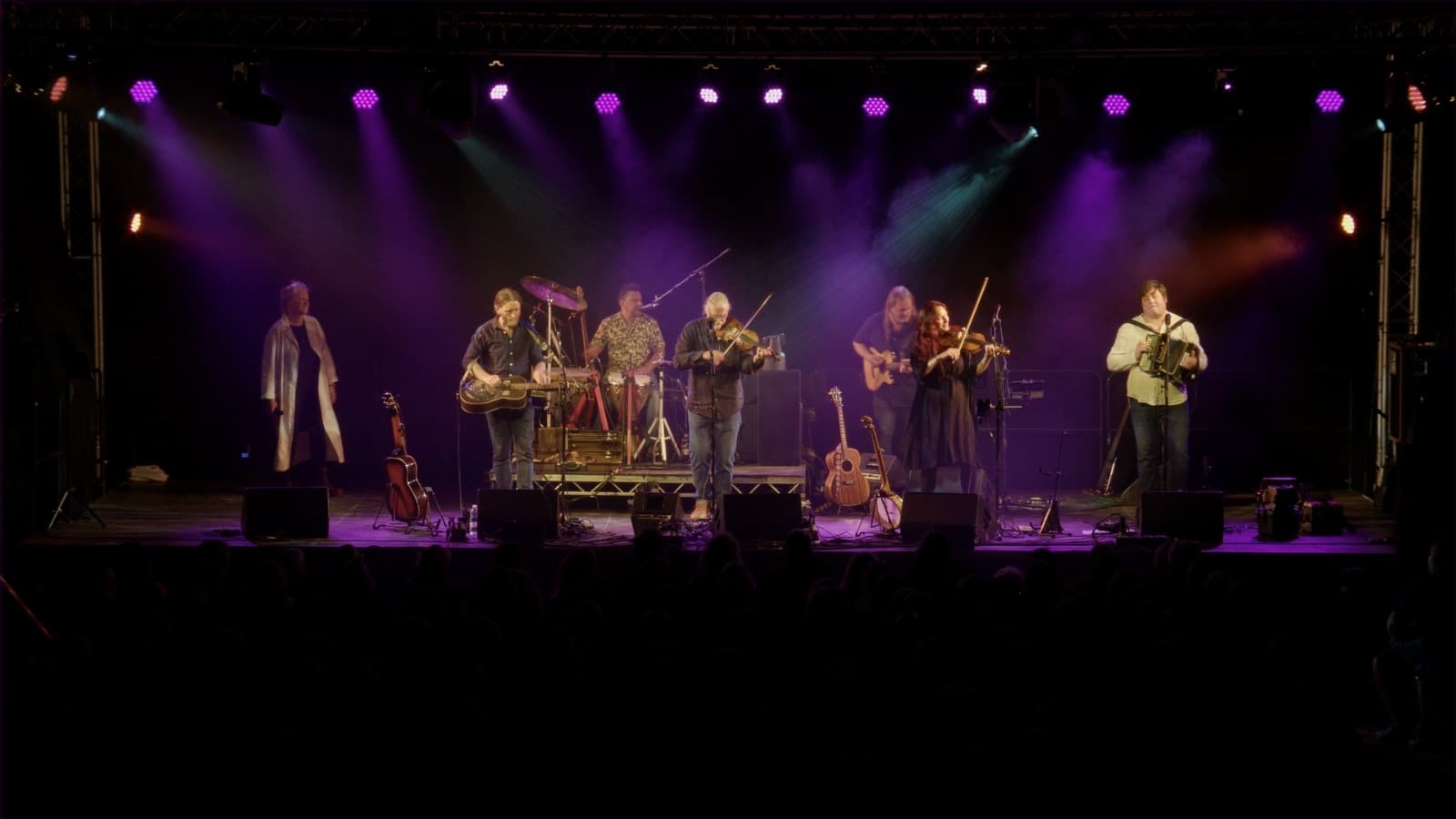 A full folk ensemble performing under stage lights