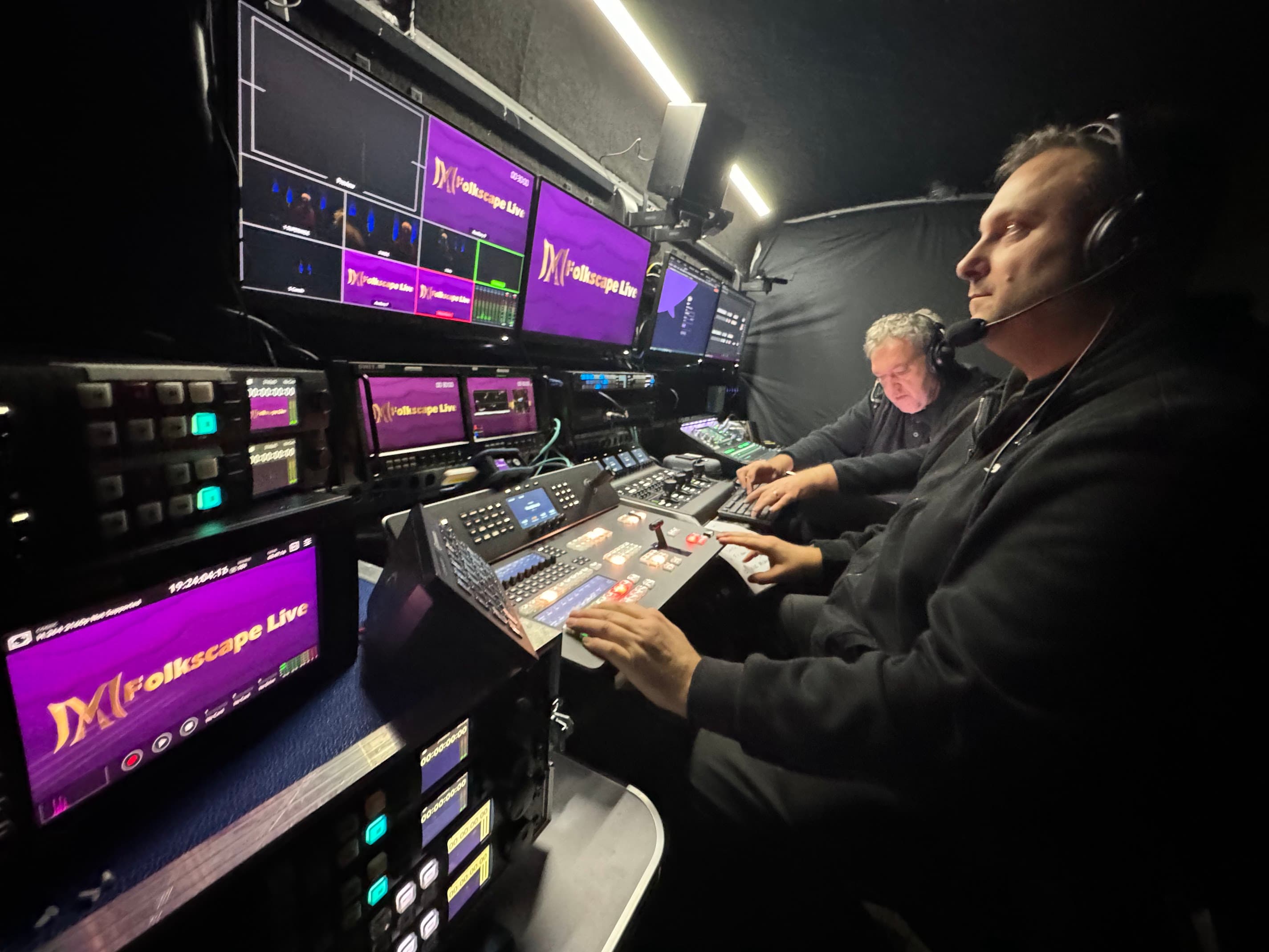Folkscape production crew working inside the broadcast gallery